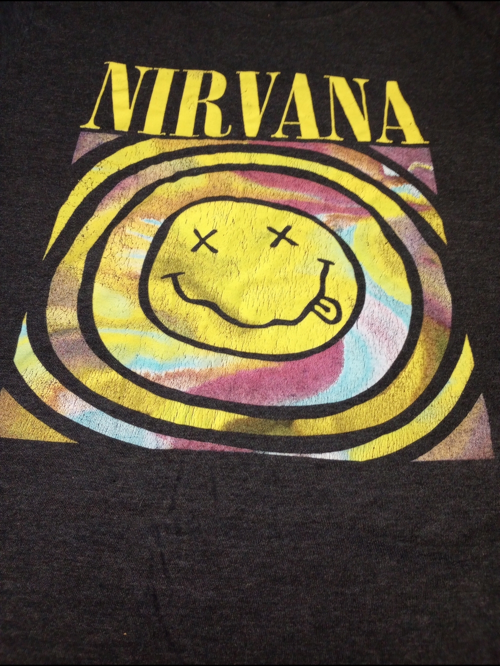 NIRVANA Gray Tee with Yellow Smiley and Multicolor Swirl Graphic Laarge
